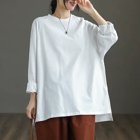 dza 纯色全棉圆领套头卫衣女士2022新款大码上衣秋季短款长袖外套图片