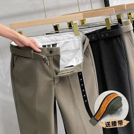 腰带秋冬装毛呢料小西裤男士韩版百搭磨毛坠感修身九分休闲裤子潮图片