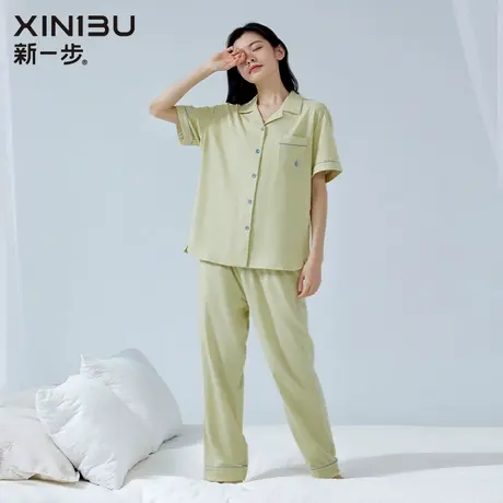 新一步纯棉开衫睡衣女薄款短袖长裤莱卡棉亲肤透气翻领大码家居服商品大图