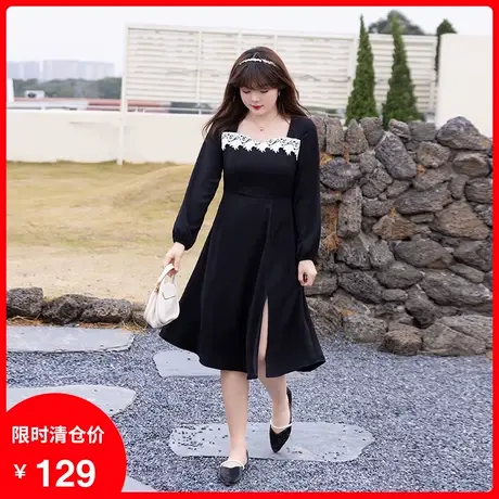 2023年秋季新款法式气质方领中长款小黑裙大码胖MM连衣裙显瘦遮肚商品大图