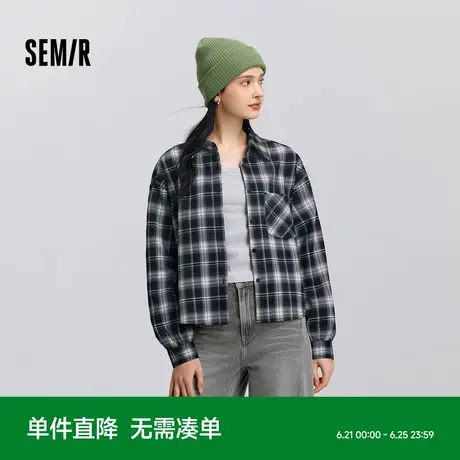[商场同款]森马长袖衬衫女短背心宽松格纹衬衣2025新款春季两件套图片
