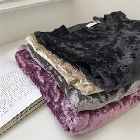 韩国风复古钻石丝绒圆领短袖T恤女春季闪钻气质百搭宽松打底上衣商品大图