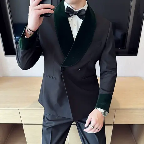 美式塔士多青果领丝绒拼接一粒扣西服男套装新郎结婚礼服宴会西装图片