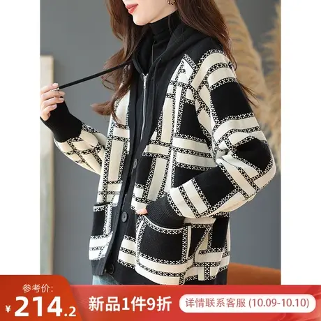 宝诗黎连帽格子拼接假两件外套2023秋季新款宽松时尚上衣拉链开衫商品大图