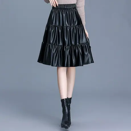 黑色PU皮裙a字裙女秋季2025新款松紧腰拼接半身裙中长款显瘦伞裙图片