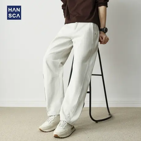 hansca秋季纯棉宽松休闲裤男士新款直筒压褶巴黎灰复古工装风裤子商品大图