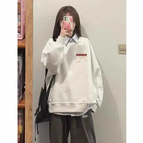 圆领美式加绒加厚卫衣女士2025新款爆款秋冬潮牌无帽重磅宽松上衣商品大图