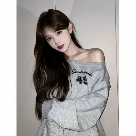 美式潮辣妹斜肩数字灰色卫衣女秋季宽松设计感露肩慵懒纯欲风上衣商品大图