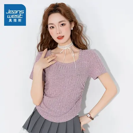 LW真维斯女装2025夏季新款褶皱肌理韩版短款显瘦收腰短袖T恤女商品大图