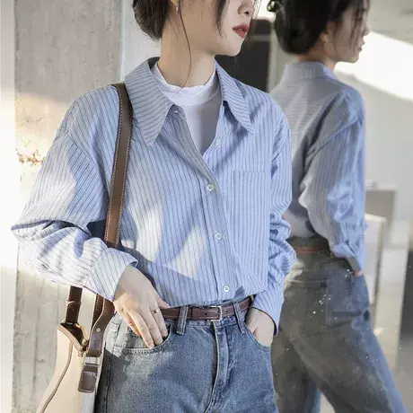 蓝色条纹独特超好看衬衫长袖上衣女2025早秋季高级感法式衬衣外套图片