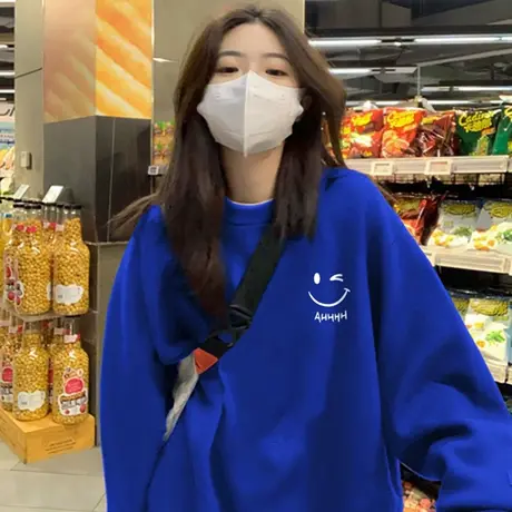 克莱因蓝圆领重磅卫衣女秋冬款2025新款爆款宽松大码加绒百搭上衣商品大图