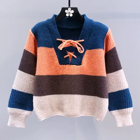 复古慵懒风撞色条纹系带毛衣女秋冬2023新款宽松时尚短款针织衫商品大图