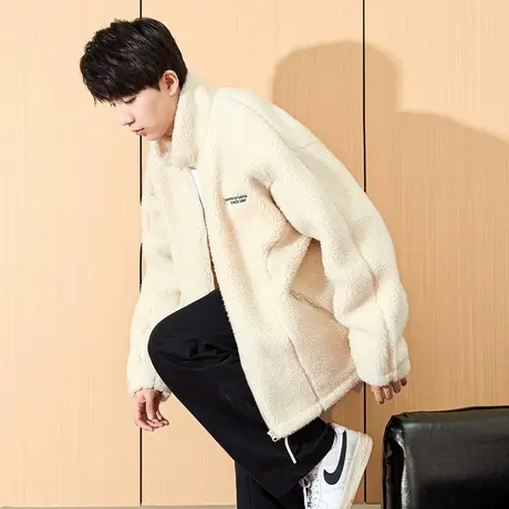 唐狮冬季新款仿羊羔毛厚外套男短款净色细节绣花加厚保暖夹克TD商品大图