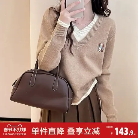 唐狮秋冬前胸小图案假两件V领套头毛衣女春秋可外穿高级感潮图片