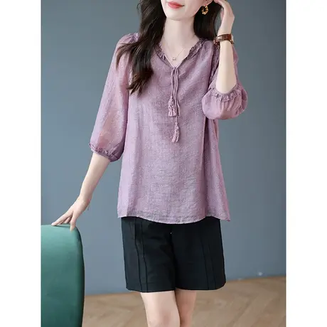 宝诗黎系带V领木耳边刺绣雪纺衫2023夏季新款七分袖宽松套头衬衣商品大图