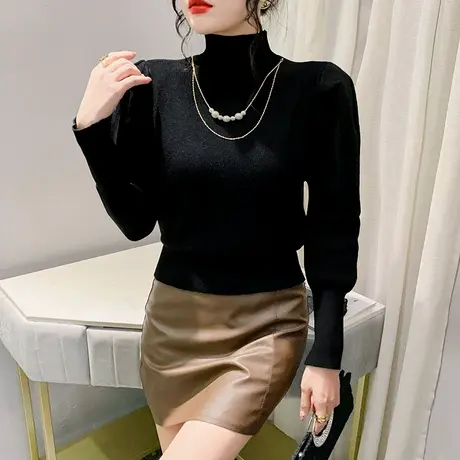 复古欧货高领针织衫长袖女装性感泡泡袖打底衫时尚减龄修身毛衣冬商品大图