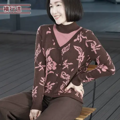 2023冬季新款简约淑女半高领假两件提花撞色长袖毛衣女装大码上衣商品大图