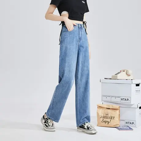 唐狮春秋季女牛仔裤高腰多扣阔腿裤宽松显瘦时尚潮流百搭个性商品大图