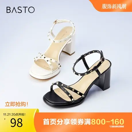 百思图奥莱2023夏季新款时尚仙女风一字带粗高跟女凉鞋MB129BL3图片