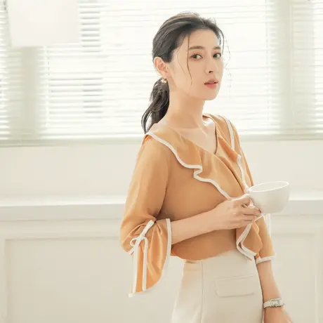 桔熊春季通勤气质雪纺衫荷叶领蝴蝶结喇叭袖上衣女大码AB18115图片