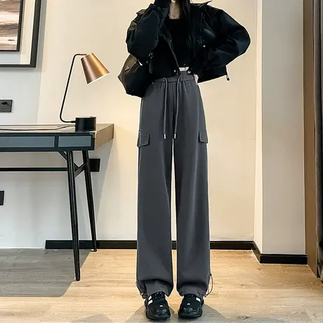 灰色加绒工装裤女2024冬季新款高腰休闲阔腿小个子运动裤束脚卫裤图片