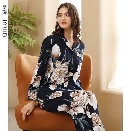 绮瑞睡衣女春秋纯棉长袖开衫大码套装妈妈秋冬款时尚中国风家居服商品大图