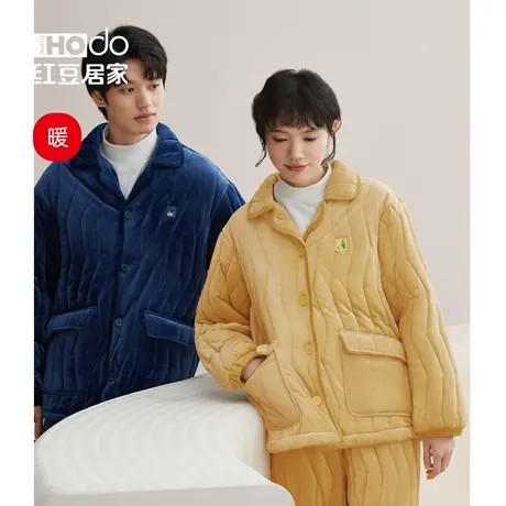 红豆居家夹棉睡衣情侣珊瑚绒冬季三层加厚抗静电女家居服套装男士图片