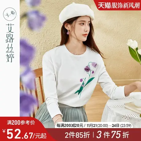 艾路丝婷立体花朵长袖t恤女2023春秋新款圆领打底衫文艺印花上衣商品大图