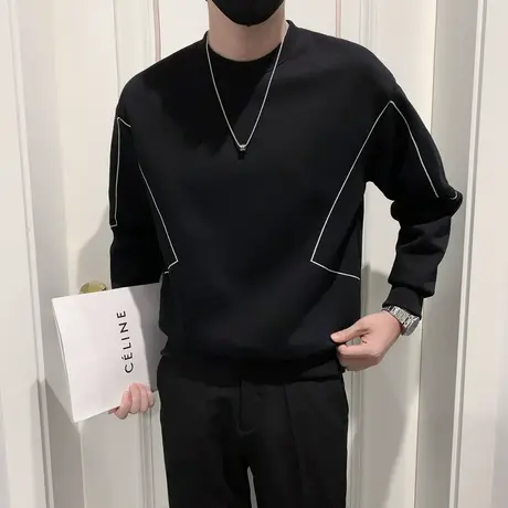 加绒卫衣男冬季明线拼接设计感潮牌简约个性内搭加厚长袖T恤上衣商品大图