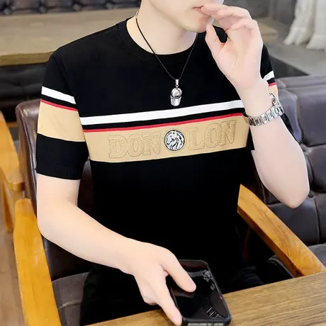 冰丝条纹短袖男款夏装薄款凉感针织衣服半袖烫钻字母个性帅气T恤t商品大图