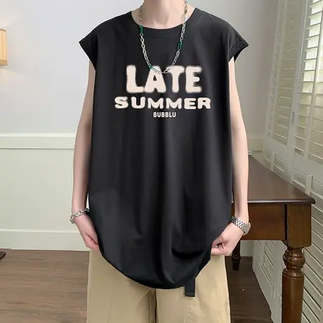 美式背心男夏季拼色字母印花圆领无袖t恤上衣服宽松男士汗衫体恤T商品大图