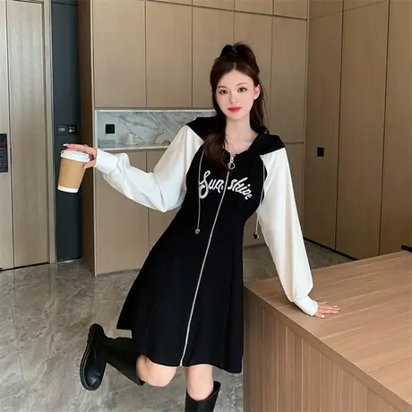 大码女装春季遮肚子藏肉显瘦连衣裙女胖MM收腰连帽卫衣裙200斤潮图片