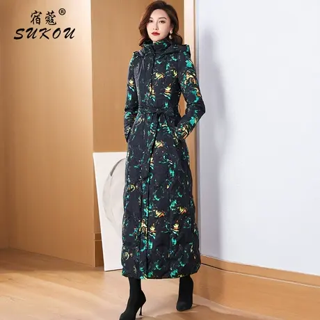 迷彩印花长款羽绒服女2024冬装新款时尚收腰显瘦过膝到脚踝长外套图片