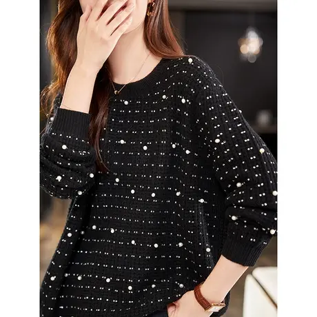 宝诗黎圆领烫钻钉珠绵羊毛针织衫2024春季新款时尚宽松毛衣女长袖商品大图