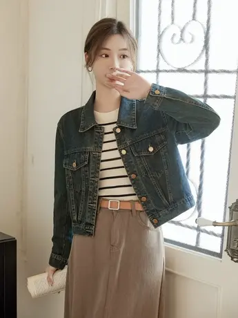 秋装美式复古深色牛仔外套女短款高级设计感网红夹克小个子显瘦潮商品大图