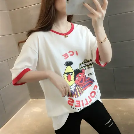 学院风卡通小鸟短袖T恤女2023新款韩版宽松学生半袖打底体恤衫潮商品大图