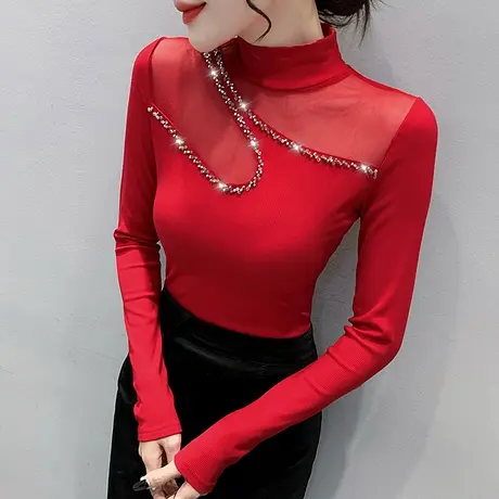 半高领打底衫女秋冬时尚钉珠长袖T恤性感镂空小衫网纱拼接上衣潮商品大图