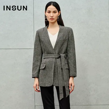 INSUN恩裳线上专选冬季100%羊毛无领一粒扣西装图片