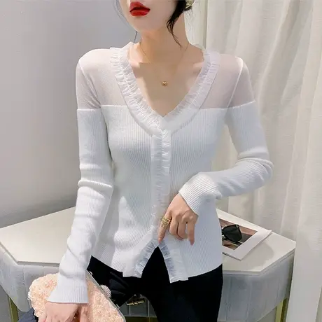 2024秋冬套头针织衫性感网纱拼接V领长袖女装洋气修身减龄打底衫图片