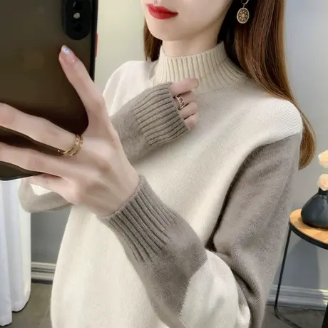 毛衣女宽松外穿加厚打底衫女2022秋冬新款半高领拼色内搭洋气百搭商品大图