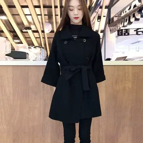黑色毛呢外套女中长款秋冬季2023新款韩版气质双排扣小个子呢大衣图片