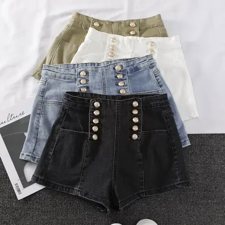 双排扣韩版牛仔短裤2022春夏新款高腰显瘦弹力性感包臀短裤ins潮商品大图