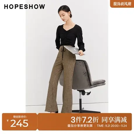 红袖outlets千鸟格喇叭裤hopeshow2023秋季新款女装高腰显瘦长裤商品大图