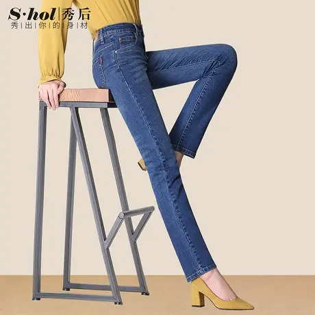 秀后高腰修身小直筒牛仔裤女春秋弹力显瘦大码加长裤子女裤水洗蓝商品大图