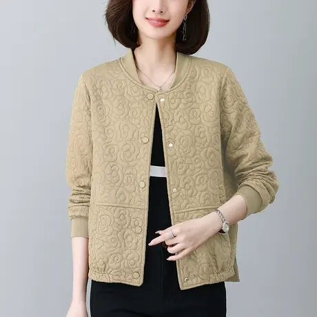 中老年妈妈休闲外套女秋冬季宽松加大码女装洋气圆领显瘦夹棉上衣商品大图