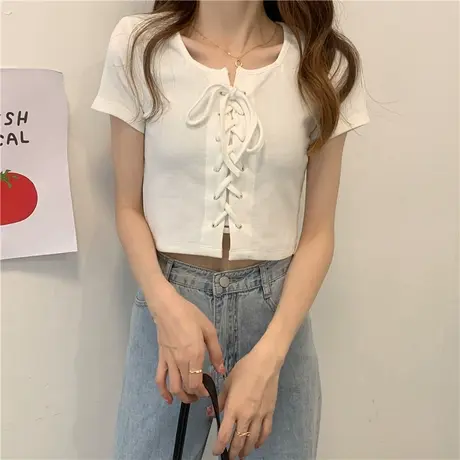 大码女装设计感显瘦短款T恤胖mm宽松上衣女夏遮肚子甜美短袖系带图片