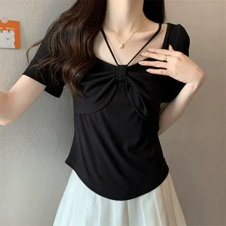 蝴蝶结设计感小众T恤女装夏季2024新款别致修身显瘦短袖辣妹上衣商品大图