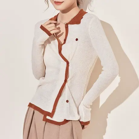 设计感双排扣羊毛衫女春秋新款Polo领宽松拼色针织衫外穿开衫上衣图片