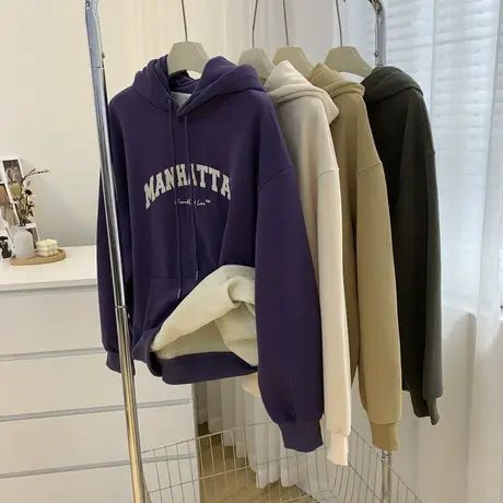 美式复古贴布加绒连帽卫衣女宽松休闲加绒上衣秋冬银狐绒保暖外套图片