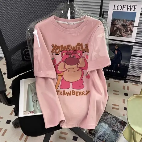 纯棉短袖女t恤夏季粉色大码oversize胖女孩多巴胺穿搭ins减龄上衣图片